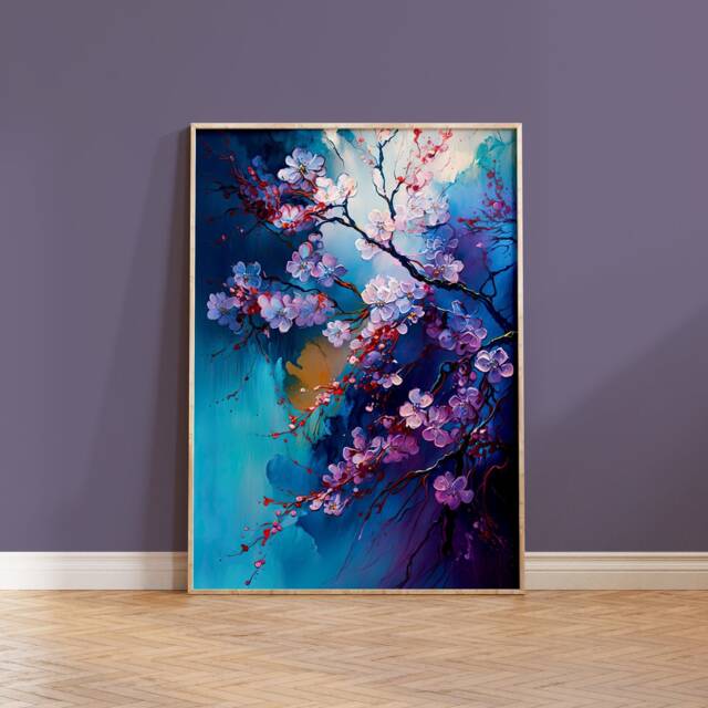 Cherry Blossom Art Print Japanese Sakura Branch, Abstract Acrylic Style - image 1