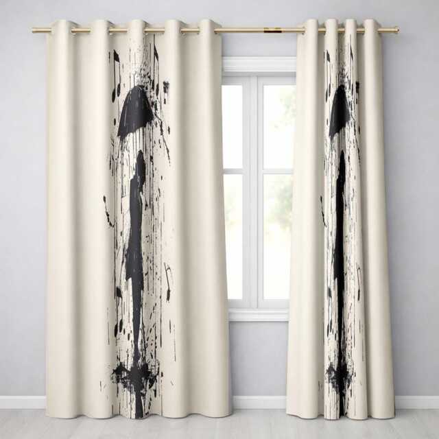 Musical Couple Under Umbrella Black Silhouette Art Decorative Artistic Home Decor Readymade Eyelet Ring Top Thermal 100% Blackout Curtains - image 1