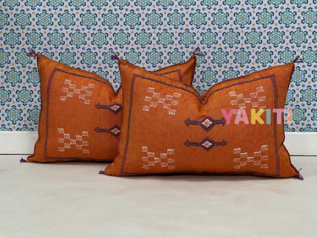 Yakiti-Orange Square Moroccan Pillows, Aka Cactus Silk Pillow, Decorative Pillows, Sabra Pillows, Moroccan Decor Designer Cactus - image 1