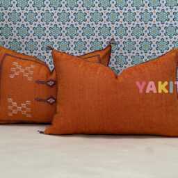 Yakiti-Orange Square Moroccan Pillows, Aka Cactus Silk Pillow, Decorative Pillows, Sabra Pillows, Moroccan Decor Designer Cactus - thumbnail 2
