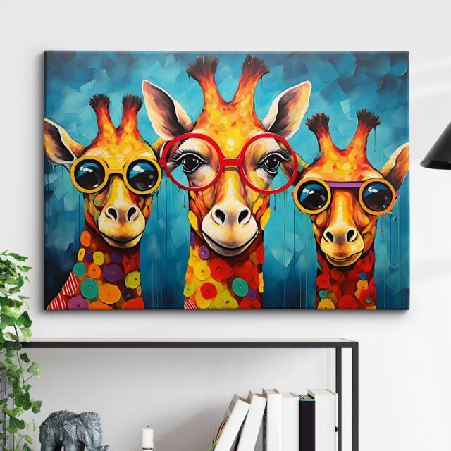 Colorful Giraffe Family Glasses Abstract Oil Painting Style Wall Art, Framed Canvas Poster Print, Home Kitchen Office Room Decor, Gifts - image 1