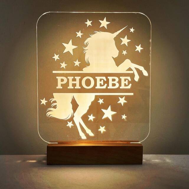 Personalised Unicorn & Stars Led Night Light With Solid Beech Wood Base - Girl's Pretty Bedroom Lamp Name