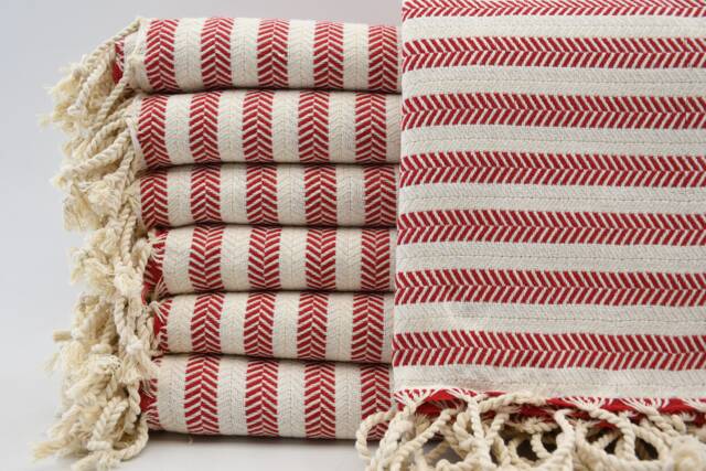 "Bath Towel, Pool Towel, Red Striped Towel, Herringbone Towel, 38""x63" - image 1