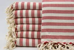 "Bath Towel, Pool Towel, Red Striped Towel, Herringbone Towel, 38""x63"