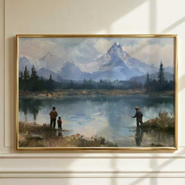 Father & Son Fishing Wall Art, Mountain Lake Oil Painting, Fly Print, Gift For Dad, Rustic Cabin Decor - image 1