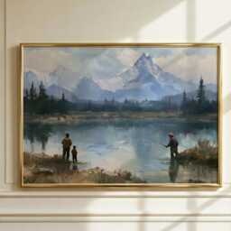 Father & Son Fishing Wall Art, Mountain Lake Oil Painting, Fly Print, Gift For Dad, Rustic Cabin Decor - thumbnail 1