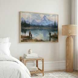 Father & Son Fishing Wall Art, Mountain Lake Oil Painting, Fly Print, Gift For Dad, Rustic Cabin Decor - thumbnail 3