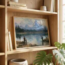 Father & Son Fishing Wall Art, Mountain Lake Oil Painting, Fly Print, Gift For Dad, Rustic Cabin Decor - thumbnail 4