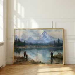 Father & Son Fishing Wall Art, Mountain Lake Oil Painting, Fly Print, Gift For Dad, Rustic Cabin Decor - thumbnail 2