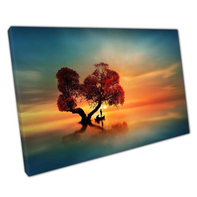 Red Tree Sunset Seascape Canvas Wall Art - Fantasy Fishing Scene For Home Office Decor - image 1