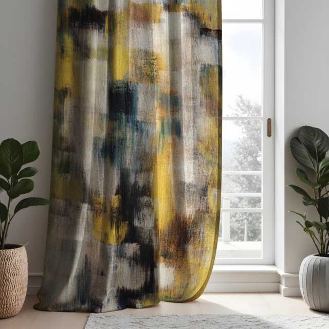 Abstract Art Curtains, Modern Geometric Brush Stroke Window Drapes, Yellow & Blue Artistic Treatments, Custom Sizes Available - image 1