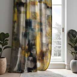 Abstract Art Curtains, Modern Geometric Brush Stroke Window Drapes, Yellow & Blue Artistic Treatments, Custom Sizes Available - thumbnail 1