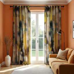 Abstract Art Curtains, Modern Geometric Brush Stroke Window Drapes, Yellow & Blue Artistic Treatments, Custom Sizes Available - thumbnail 2