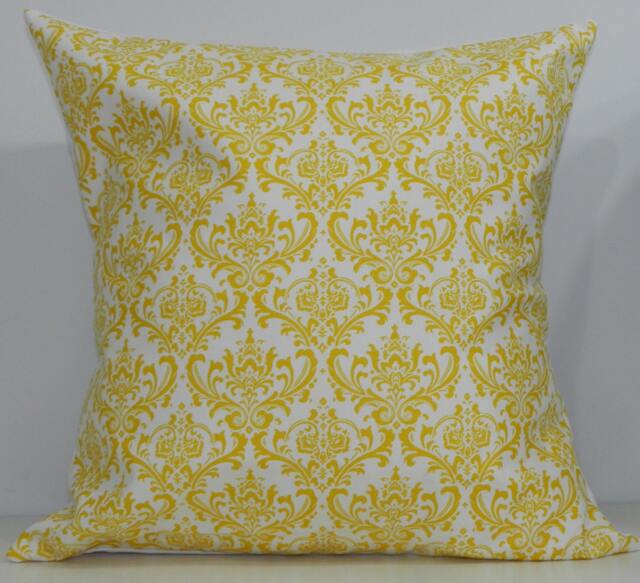 New 18x18 Inch Designer Handmade Pillow Case Damask Pattern Yellow & White