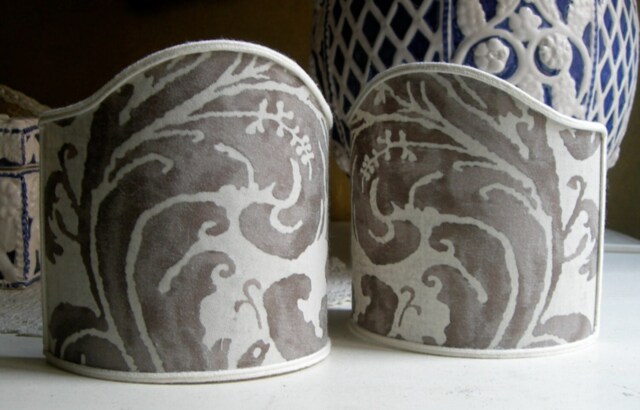 Pair Of Wall Sconce Clip-On Shield Shades Fortuny Fabric Lucrezia in Grey & White Mini Lampshade - Handmade Italy - image 1