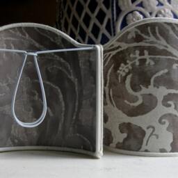 Pair Of Wall Sconce Clip-On Shield Shades Fortuny Fabric Lucrezia in Grey & White Mini Lampshade - Handmade Italy - thumbnail 2