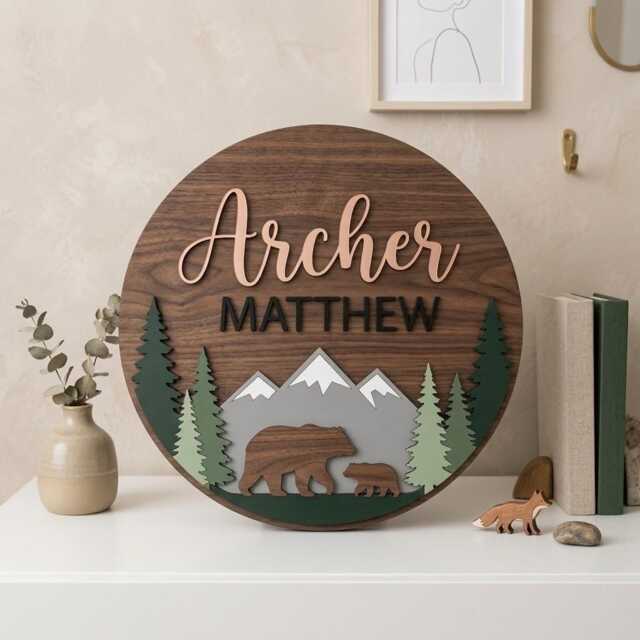 Personalized Woodland Nursery Name Sign, Forest Decor, Custom Baby Moose Mountain Wall Art - image 1