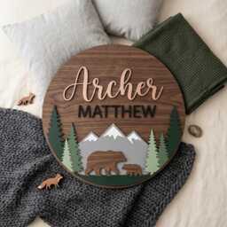 Personalized Woodland Nursery Name Sign, Forest Decor, Custom Baby Moose Mountain Wall Art - thumbnail 2