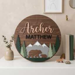 Personalized Woodland Nursery Name Sign, Forest Decor, Custom Baby Moose Mountain Wall Art - thumbnail 1