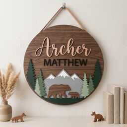 Personalized Woodland Nursery Name Sign, Forest Decor, Custom Baby Moose Mountain Wall Art - thumbnail 3