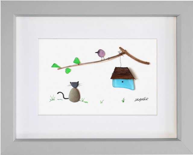 Cat Watching Bird - Pebble Art & Sea Glass Picture Framed, Handmade Wall Decor - image 1