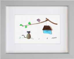 Cat Watching Bird - Pebble Art & Sea Glass Picture Framed, Handmade Wall Decor - thumbnail 1