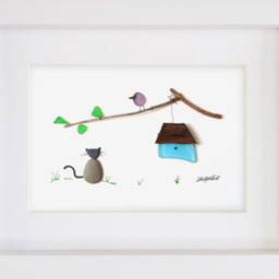 Cat Watching Bird - Pebble Art & Sea Glass Picture Framed, Handmade Wall Decor - thumbnail 2