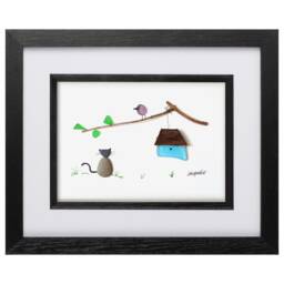 Cat Watching Bird - Pebble Art & Sea Glass Picture Framed, Handmade Wall Decor - thumbnail 3
