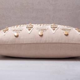 Light Peach Lumbar Pillow Cover, Embroidered Cotton Cushion With Tassels & Beads, Handmade - thumbnail 4