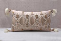 Light Peach Lumbar Pillow Cover, Embroidered Cotton Cushion With Tassels & Beads, Handmade