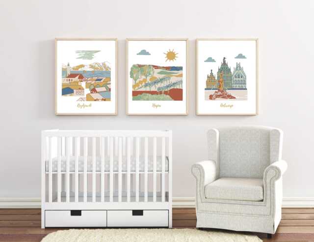 Set Of 3 Travel Nursery Wall Art Prints, Neutral Colors, Customizable Cities & Colors - image 1