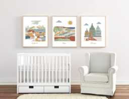 Set Of 3 Travel Nursery Wall Art Prints, Neutral Colors, Customizable Cities & Colors - thumbnail 1