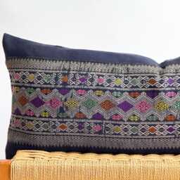 Vintage Hmong Hemp Pillow Handwoven Tribal Textile, Navy Batik - thumbnail 2