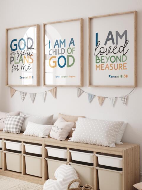 Set Of 3 Bible Verse Prints, Christian Wall Art, Boys Nursery Bedroom Decor, Scripture Sunday School - image 1