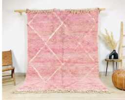 Moroccan Rug Berber Shag Large Area - Pink Rose Lattice Wool Carpet Faded Vintage Style Shaggy Pastel Dopamine Decor