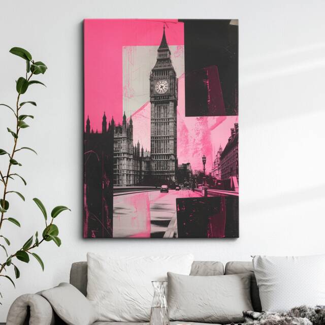 Big Ben London City UK Collage Art Pink Black Painting Framed Poster Print & Canvas Wall Decor Home Bedroom Gift - image 1