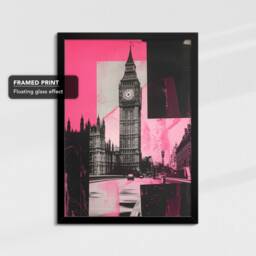 Big Ben London City UK Collage Art Pink Black Painting Framed Poster Print & Canvas Wall Decor Home Bedroom Gift - thumbnail 2