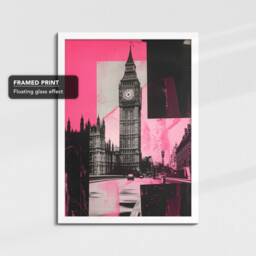 Big Ben London City UK Collage Art Pink Black Painting Framed Poster Print & Canvas Wall Decor Home Bedroom Gift - thumbnail 3
