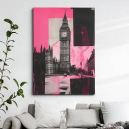 Big Ben London City UK Collage Art Pink Black Painting Framed Poster Print & Canvas Wall Decor Home Bedroom Gift - thumbnail 1