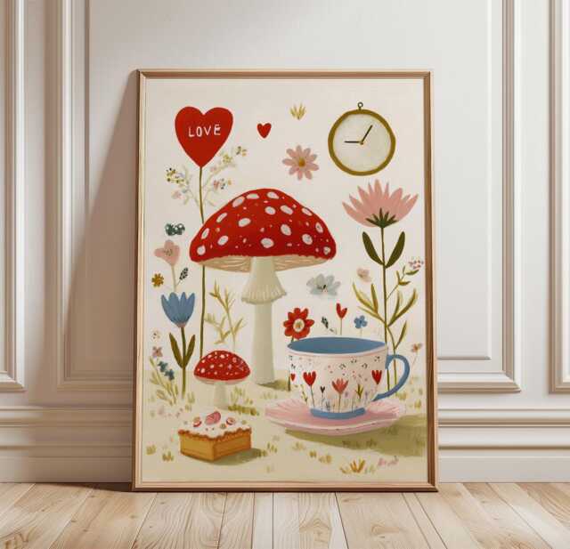 Mushroom Tea Party Poster, Whimsical Floral Wall Art, Cottage Print - image 1