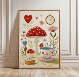 Mushroom Tea Party Poster, Whimsical Floral Wall Art, Cottage Print - thumbnail 1