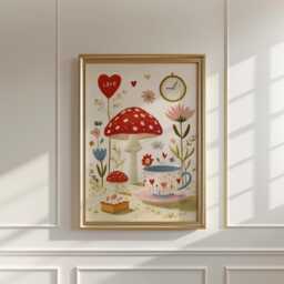 Mushroom Tea Party Poster, Whimsical Floral Wall Art, Cottage Print - thumbnail 2