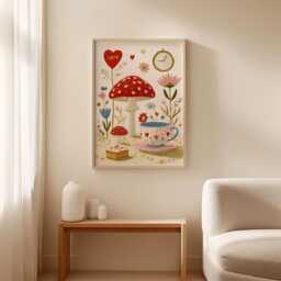 Mushroom Tea Party Poster, Whimsical Floral Wall Art, Cottage Print - thumbnail 3