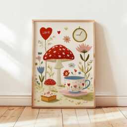 Mushroom Tea Party Poster, Whimsical Floral Wall Art, Cottage Print - thumbnail 4
