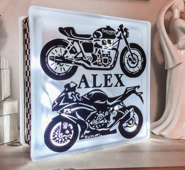 Motorbikes Triumph & Suzuki Nightlight, Bikers Glass Light Block, Personalised Or Personalized Keepsake Gift - image 1