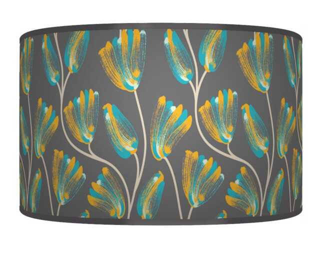 Bold Floral Mustard Yellow Teal Grey Lampshade - Handmade Drum Pendant Botanical Ceiling Light For Modern Natural Interiors - image 1