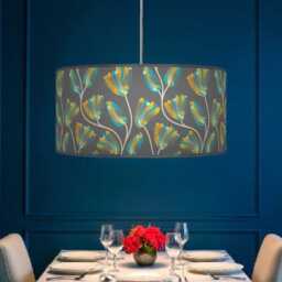 Bold Floral Mustard Yellow Teal Grey Lampshade - Handmade Drum Pendant Botanical Ceiling Light For Modern Natural Interiors - thumbnail 2