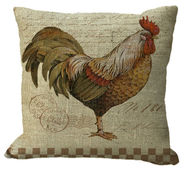 Burlap Country Rooster in Choice Of 16x16 Natural Cream
