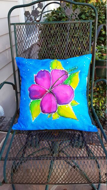 Decorative Pillow Cover, Summer Handmade & Hand Dyed Pink Hibiscus Batik, Great Pinks, Purples Blues - Fits A 18 - image 1