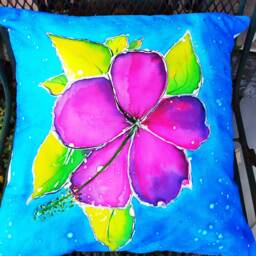 Decorative Pillow Cover, Summer Handmade & Hand Dyed Pink Hibiscus Batik, Great Pinks, Purples Blues - Fits A 18 - thumbnail 2